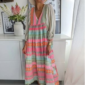 NWT Pink Greek Key and Orange Chain Striped Print Midi Dress